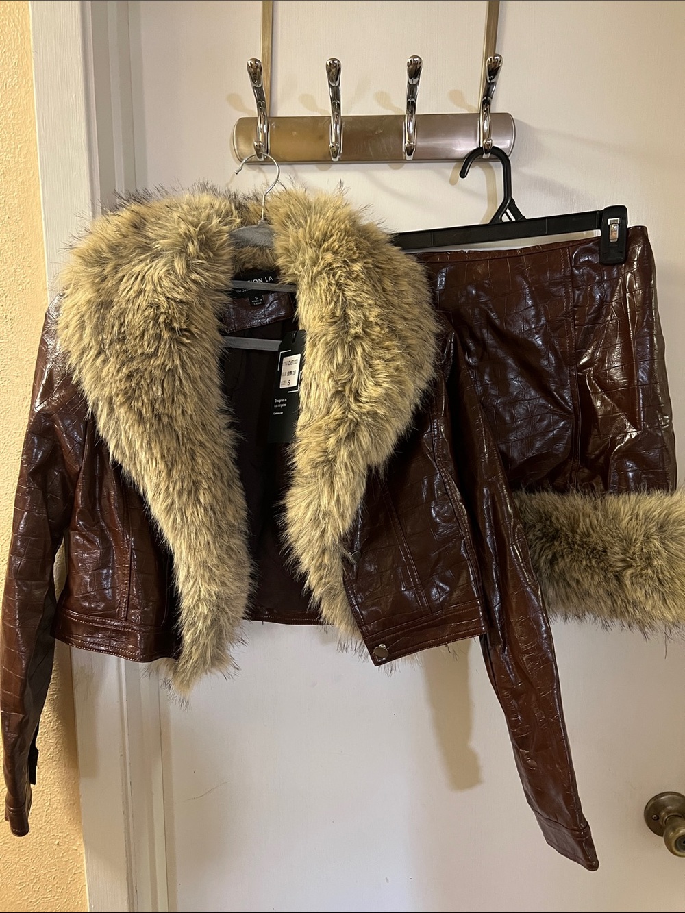Faux Leather Cropped Jacket with Fur Trim - Brown